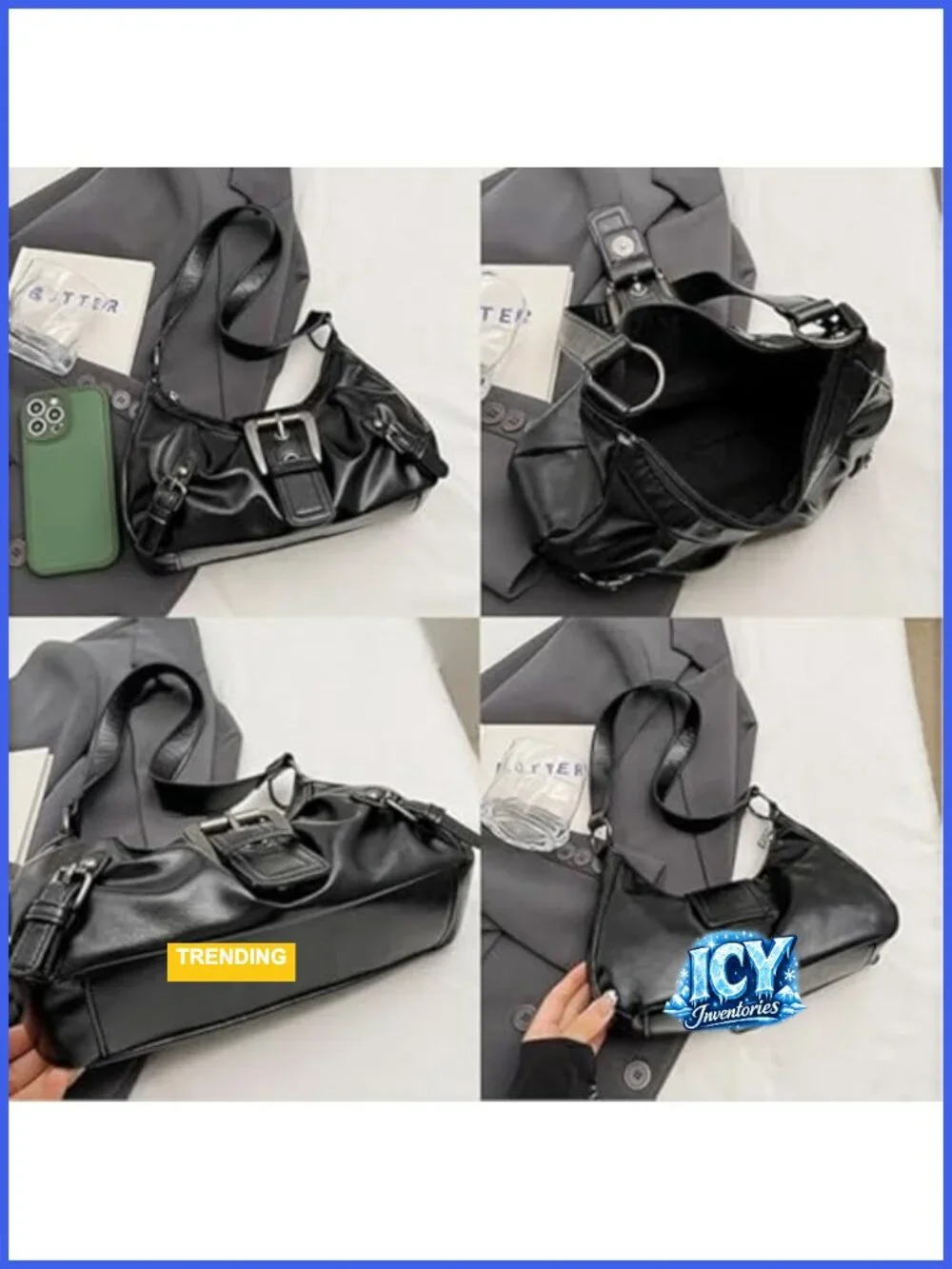 Y2K Faux Leather Hobo Shoulder Bag with Buckle Details